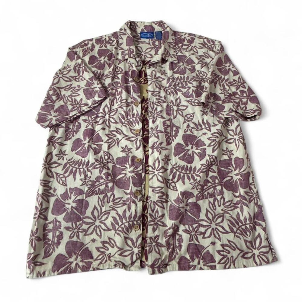 VINTAGE Ocean Pacific OP Floral Red Cream Short Sleeve Hawaiian Shirt Men's L